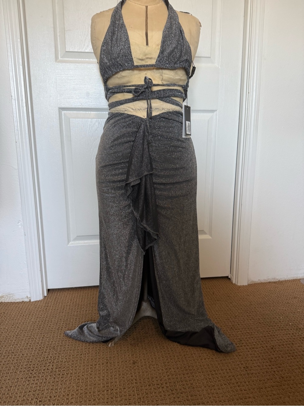 Tiger Mist Sparkle Halter Cutout Maxi Dress in Charcoal - Picture 6 of 6